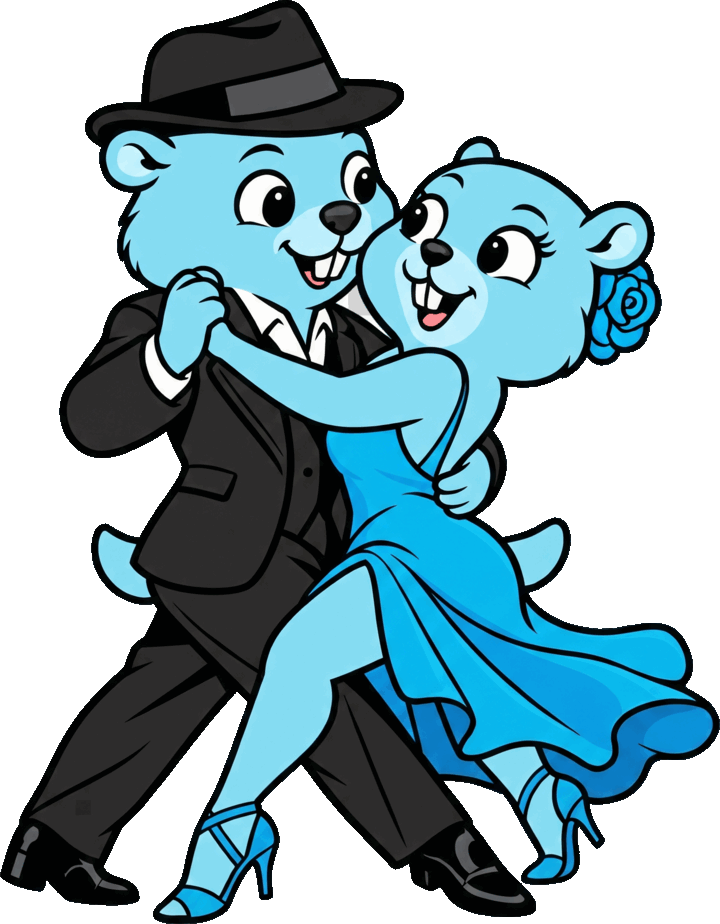 Two gopher mascots dancing tango, one in a black suit and fedora, one in a flowing blue dress